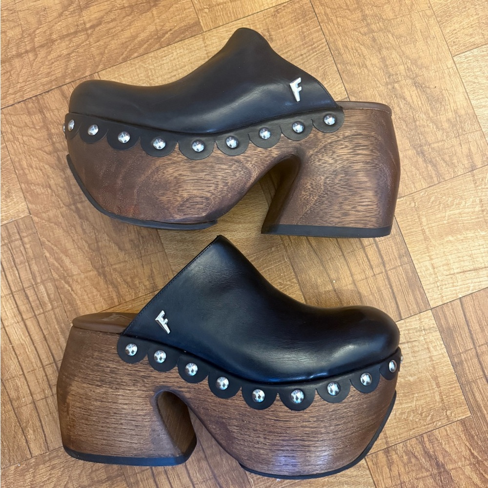John Fluevog Leather Mules with Wooden Platform